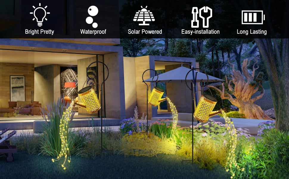 Solar Watering Can with Cascading Light Water Can Solar Lights Garden Decorative Solar Waterfall Lights Waterproof Hanging Light