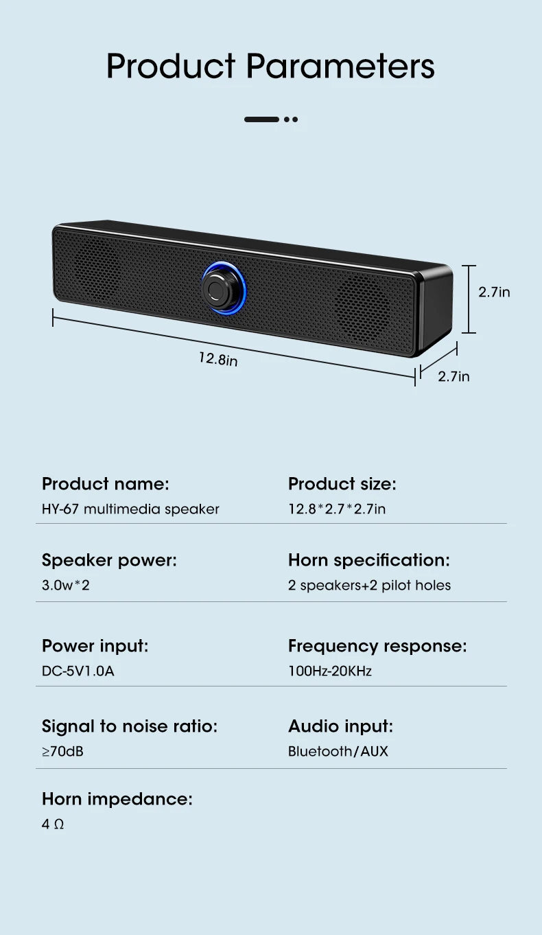 PC Soundbar Wired and Wireless Bluetooth Speaker USB Powered Soundbar for TV Pc Laptop Gaming Home Theater Surround Audio System