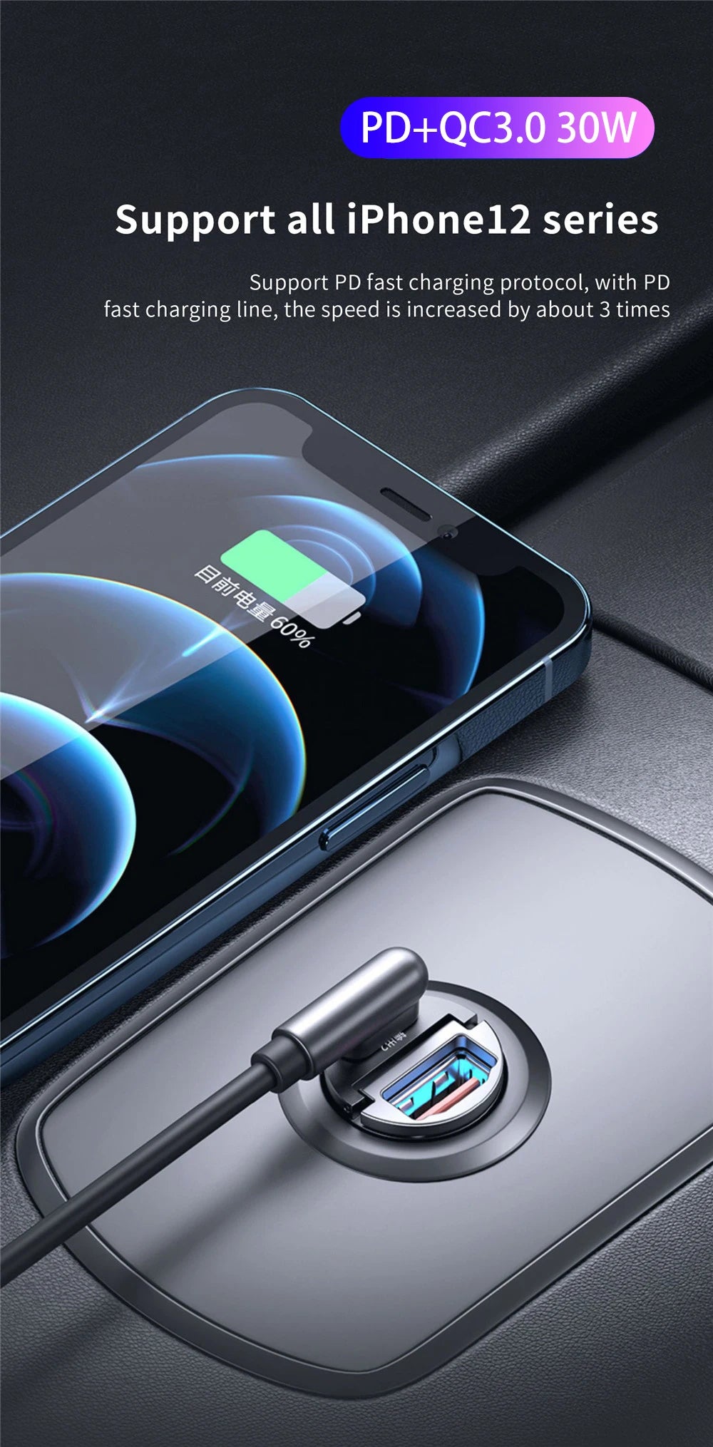 100W/200W QC3.0 PD Mini Car Charger 12-24V Lighter Fast Charging Car USB Type C Charger for Xiaomi Samsung Huawei iPhone Power