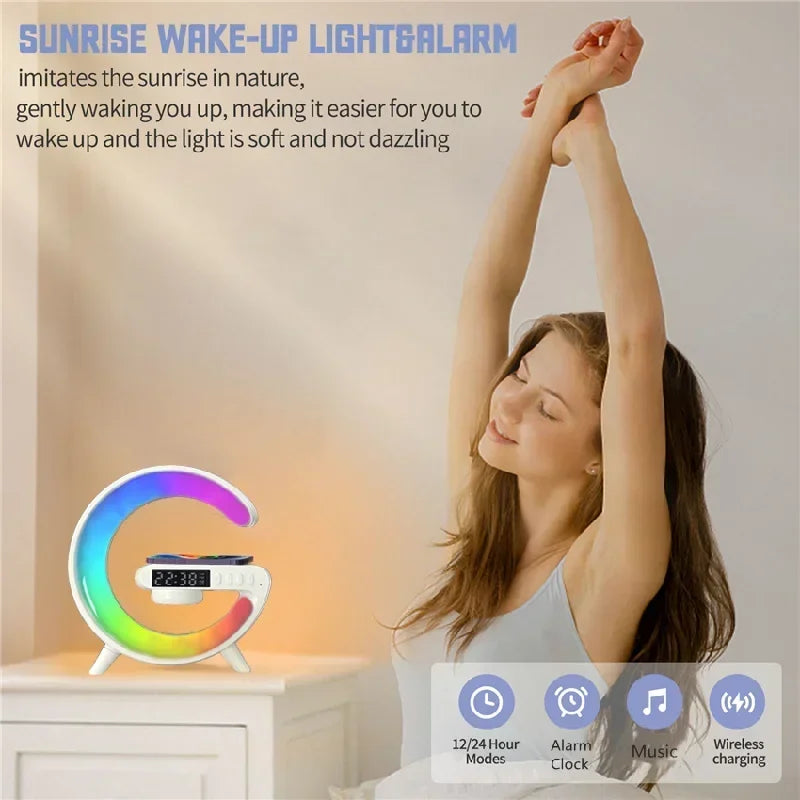 RGB Night Light Lamp Multifunction Alarm Clock TF Blueotooth Speaker 15W Wireless Charger Station Pad For iPhone 15 14 13 12 8