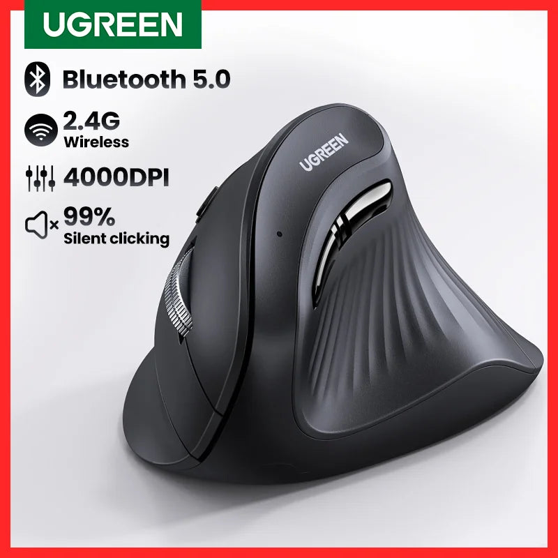 UGREEN Vertical Mouse Wireless Bluetooth5.0 2.4G Ergonomic 4000DPI 6 Mute Buttons for MacBook Tablet Laptops Computer PC Mice