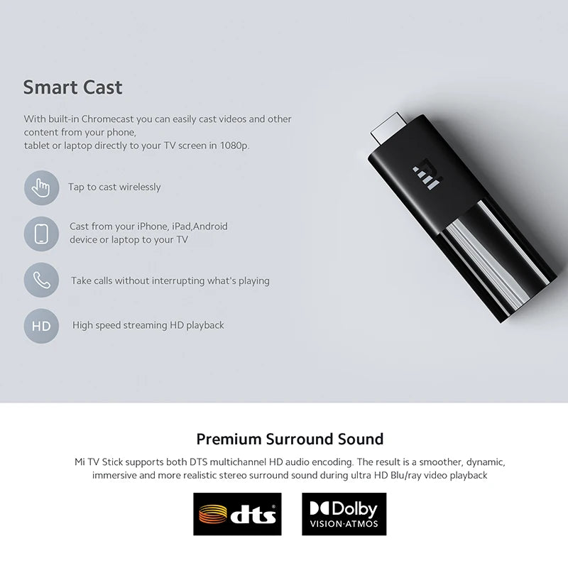 Xiaomi Mi TV Stick Global Version Smart EU Android Stick 9.0 Quad Core 1080P Dolby DTS HD 1G RAM 8G ROM Google Assistant Netflix