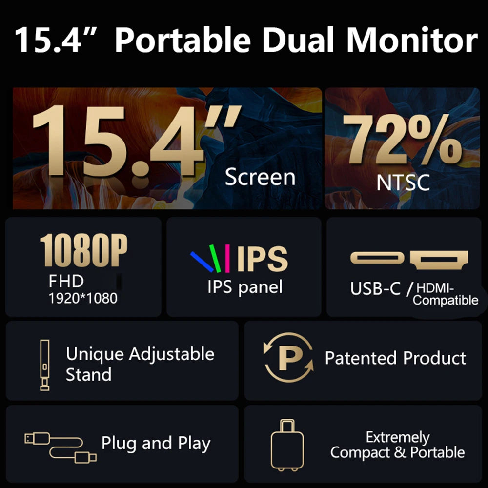 15.4 inches Laptop Expansion Screen Laptop Monitor FHD 1920*1080 IPS Dual-screen Foldable Monitor for 15.6-17.3 inch Laptop