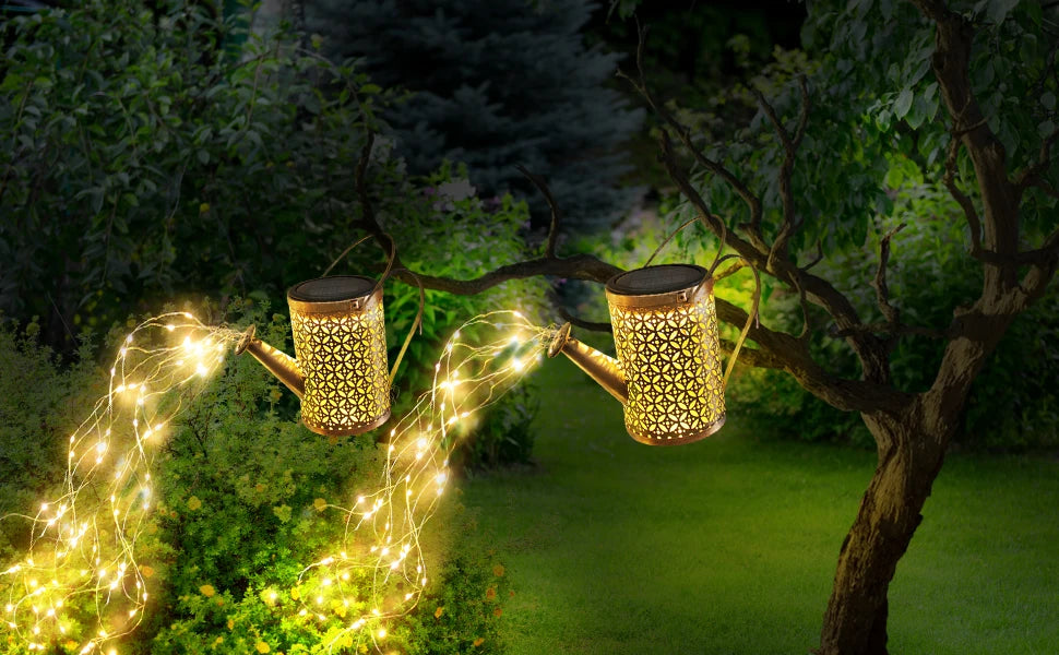 Solar Watering Can with Cascading Light Water Can Solar Lights Garden Decorative Solar Waterfall Lights Waterproof Hanging Light