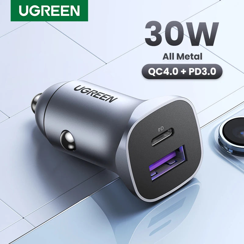 UGREEN Car Charger Type C Fast USB Charger for iPhone 15 14 13 Xiaomi Car Charging Quick 4.0 3.0 Charge Mobile Phone PD Charger