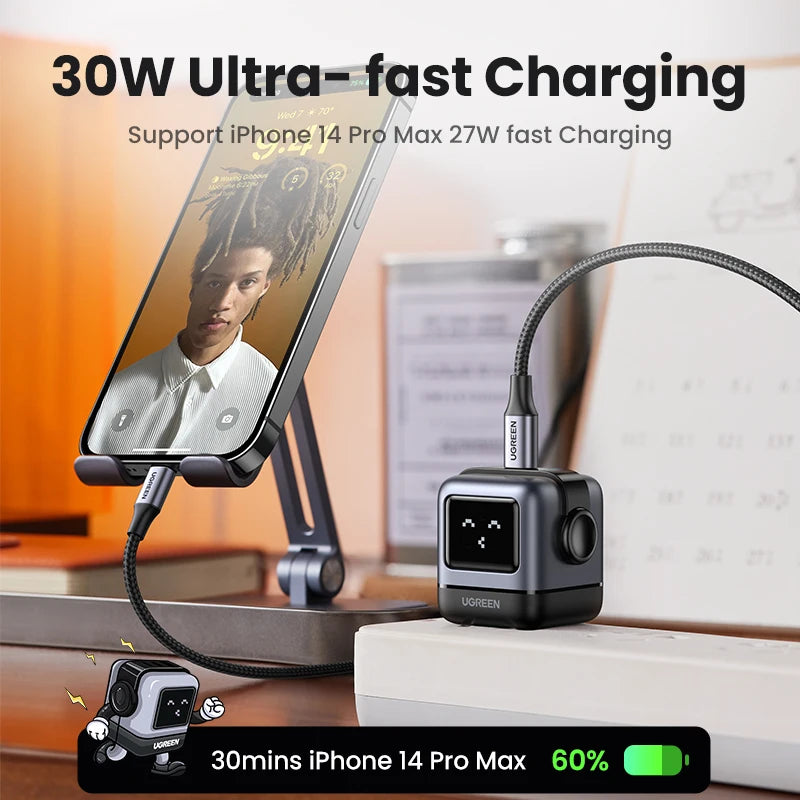 US PlugUGREEN 30W 65W GaN Charger Robot Design PD3.0 Fast Charger PPS for iPhone 15 14 Macbook Laptops Samsung XiaomiTablets