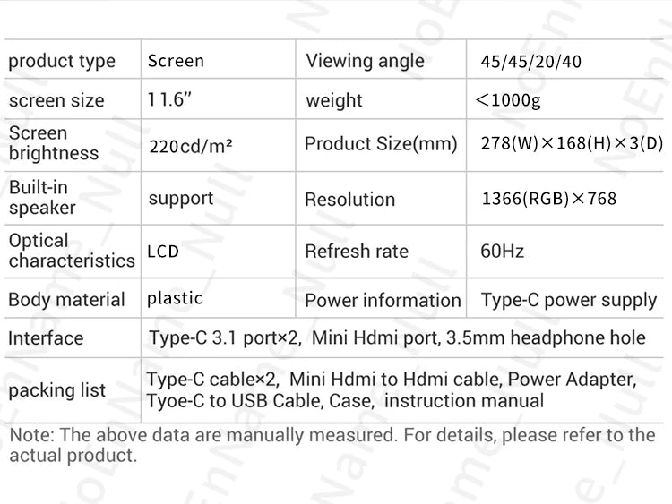 11.6 inch Portable monitor 1366X768 lcd display TFT gaming monitor for pc Raspberry Pi Laptop PS4 Xbox360 switch HDMI-Compatible